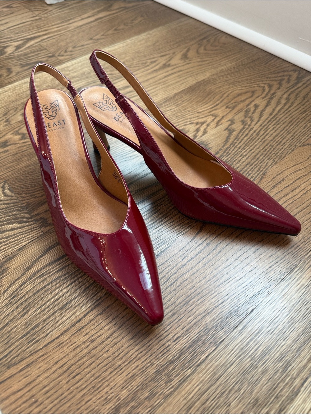 BEAST FASHION Burgundy Patent Pointed Slingback Heels